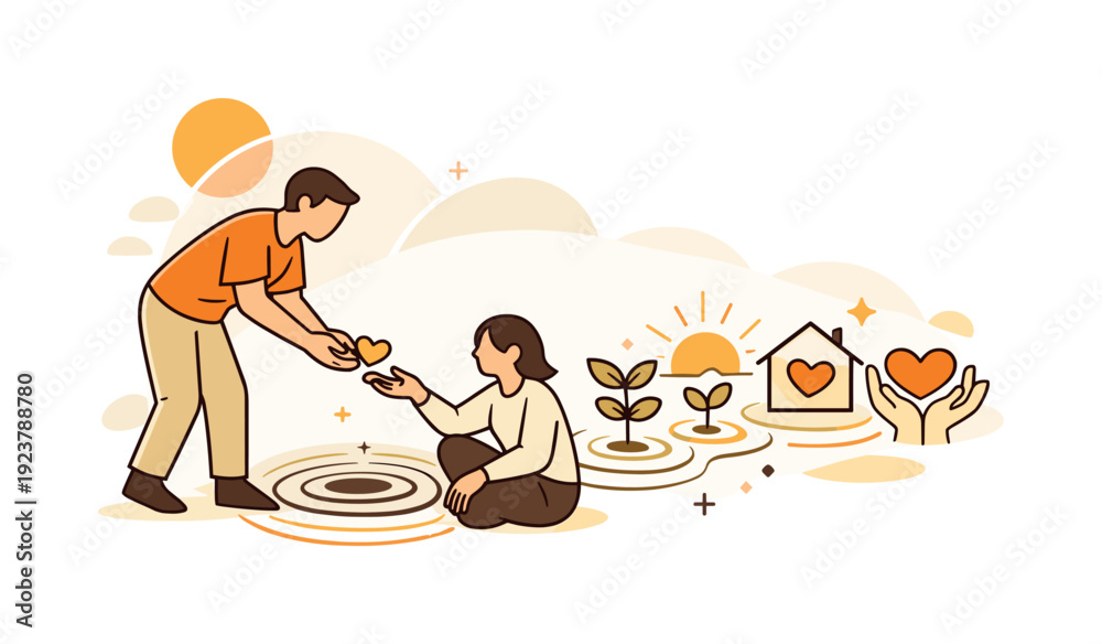 Naklejka premium Simple generosity. A person gives a small item, ripples turning into symbols of growth and