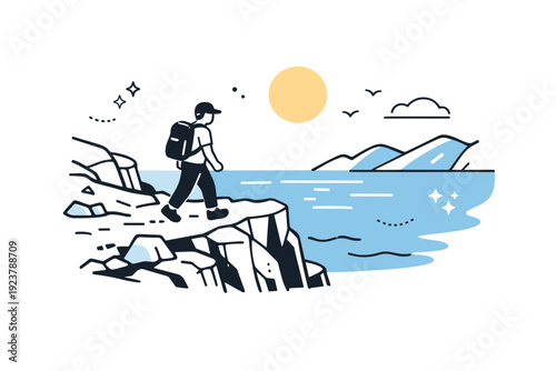 Cliffside Serenity. Walking along a rugged cliffside. A lone person carefully moving along a rocky path with a wide ocean stretching below. The scene feels