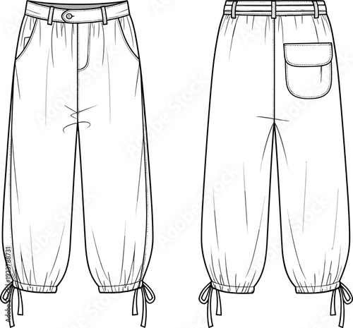 Vector fashion flat sketch of women casual loose cropped pants with tie hem detail front and back view design template