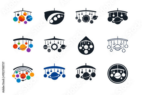 Building a model of the solar system. Icon set. Set Logo of Building a model of the solar system: hanging solar system mobile. harmonious logo variations of