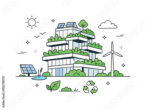 Modern eco-friendly building with solar panels, wind turbine, and lush greenery