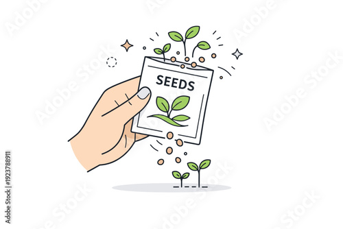 Seed packet planting concept. A minimal hand holding a seed packet with tiny seeds and sprouts emerging, showing the beginning of growth.