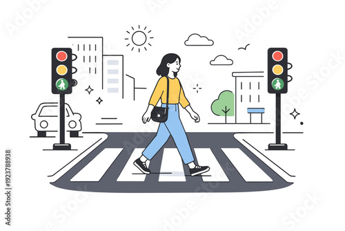 Urban walking as daily routine. Editorial composition with crosswalk, traffic lights, and city blocks arranged simply. Mindful urban movement and slow daily