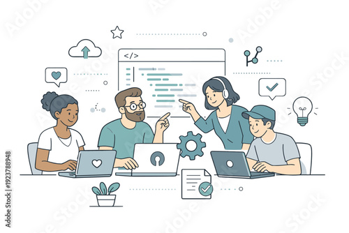 Ethical open-source communities. A calm editorial scene of diverse contributors collaborating on a shared open-source project, surrounded by code snippets and