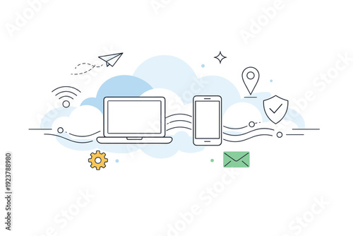 Calm technology backgrounds. Clean editorial composition showing abstract clouds, signals, and simple device outlines, conveying smooth digital flow. Calm and