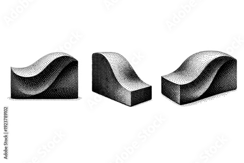 Curved wave block shown as one solid abstract wave object presented in three views: front view, side view, and three-quarter view emphasizing mass and contour.