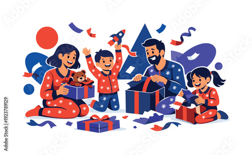 Christmas morning tradition. Parents and kids in matching pajamas opening presents, paper