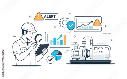 Predictive maintenance. A technician analyzing warning indicators and charts near industrial equipment, highlighting prevention and