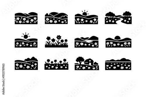 Wildflower Landscape. Solid icon set of wildflower landscape: blooming field, rolling meadow, hills and flowers, nature trail flowers, sunlit