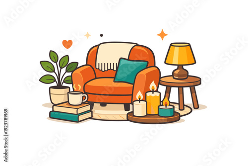 Cozy Hygge Home Decor. Hygge inspired home decor for comfort a cozy living space centered around a soft armchair and warm table lamp, with candles, plants and