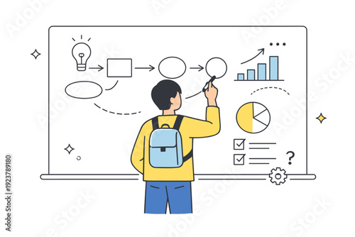 Solo problem-solving whiteboard scenes. Person connecting ideas with arrows and simple charts, standing alone in front of a clean board. Visual thinking and