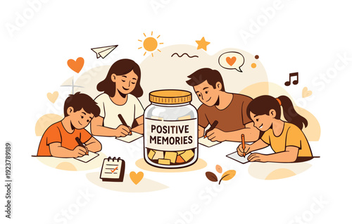 Organizing positive memories. A labeled jar sits at the center while family members write