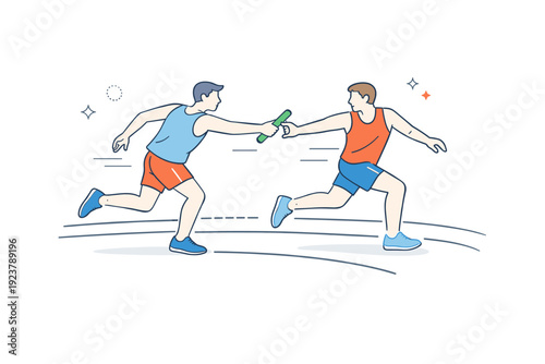Relay baton handoff practice. Two athletes exchanging a baton mid-stride on a spring track, highlighting teamwork and motion in a minimal editorial style. The