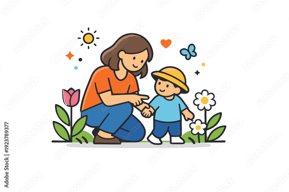 Obraz premium Springtime Motherhood Scene. Spring motherhood a compact family vignette showing a mother guiding a small child among spring flowers, reflecting
