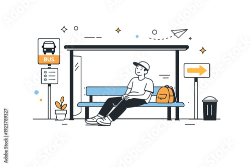 Urban boredom aesthetics. Individual sitting at a bus stop with no bus in sight, relaxed posture and unfocused gaze. Everyday city pause with signage, benches,