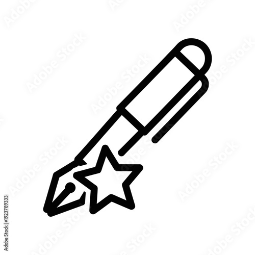 Simple black line art of a fountain pen nib creating a star shape, symbolizing creativity and writing on a clean white background.