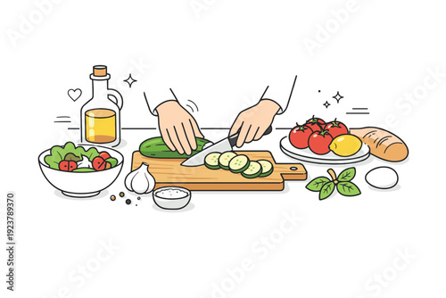 Modern slow-life aesthetics. A simple cooking moment with fresh ingredients on a clean kitchen counter, hands calmly preparing food. Everyday rituals, care,