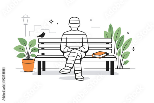 Individuals blending into environments. A figure sits calmly in a public space, visually merging with benches, plants, or architectural lines. The mood