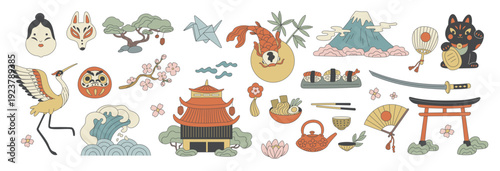 Cartoon japanese elements. Traditional and cultural asian symbols, ethnic masks, origami, oriental fan, sakura tree, local attractions, food as sushi and noodles. Garish vector travel set