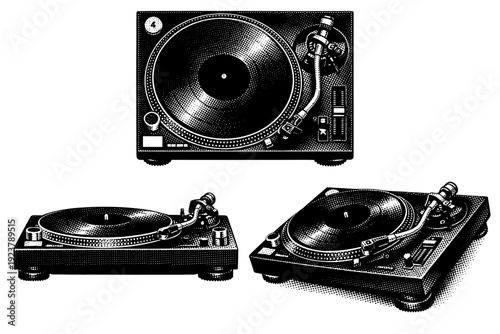 DJ Turntable Trio. DJ turntable A DJ turntable shown as a single unit displayed in three different views including top-down, side profile, and angled