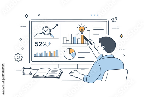 Data analytics. A professional reviewing charts and numbers on a clean dashboard, highlighting insights and patterns in data. The scene feels