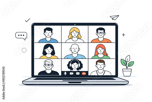 Video calls and conferencing. Laptop screen showing a grid of people in a virtual meeting. Clear structure, connection at a distance, and