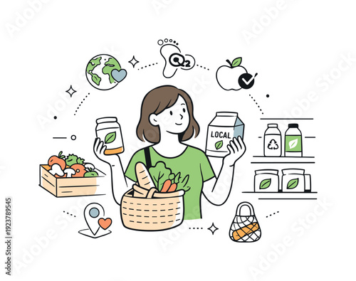 Mindful food choices. A shopper comparing products with simple eco labels, choosing local or unpackaged options. Floating icons hint at