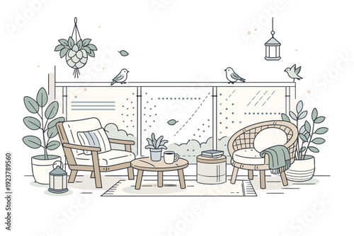 Urban bird-safe glass in residential design. A cozy apartment balcony with patterned glass panels that blend with plants and furniture, keeping birds safe and