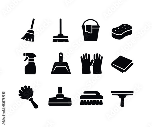 Spring Cleaning Icons. Spring cleaning tools. Filled icon set of Spring cleaning tools: broom, mop, bucket,
