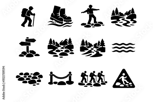 Hiking Stream Icons. Hiking stream crossings. Solid icon set of hiking stream crossings: backpacker silhouette, boots in water, balance walking pose, mountain