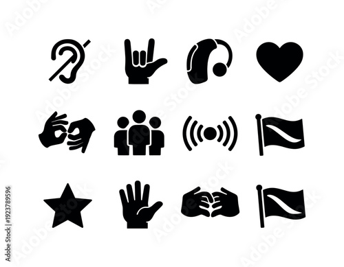 Deaf culture pride. Filled icon set of Deaf culture pride: ear with line, hand signs,