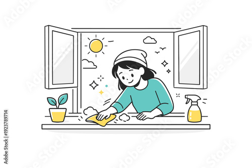 Cleaning dust from winter near windows. A character wipes dust from a window frame or sill as daylight enters, symbolizing freshness and change. Gentle,