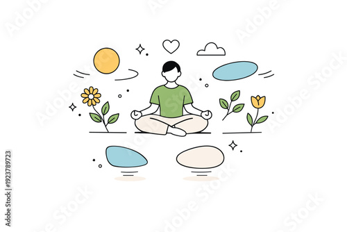 Spring calm and balance. Peaceful atmosphere inspired by nature awakening and slow living. Simple editorial scene with leaves, flowers, and floating shapes