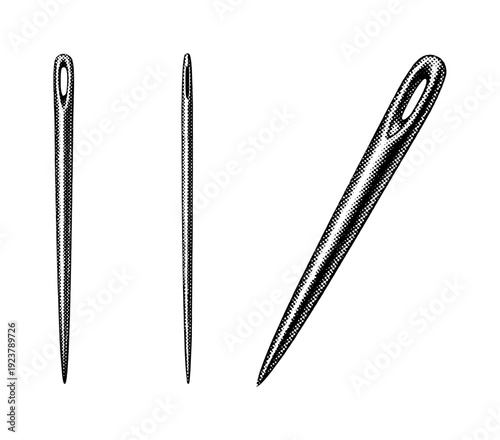 Sewing needle shown as a single object presented in three different views: straight front view, side view, and angled three-quarter view