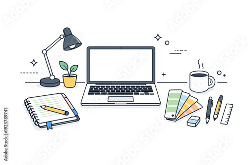 Minimalist Workspace Illustration. Creative professional workspace. A tidy studio desk with laptop, notebook, color swatches, and simple tools, quiet focus and
