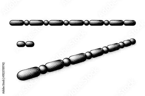 Segmented dotted line divider represented as one modular divider object shown in three views: front view, side view, and three-quarter view