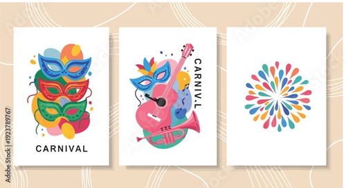 Three colorful abstract vector postcard designs feature carnival themes including stacked masquerade masks musical instruments and vibrant celebratory confetti bursts