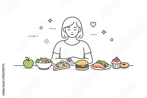 Food neutrality concepts. Person calmly observing different foods on a table without labels or emotions, neutral posture and soft focus. Balanced relationship