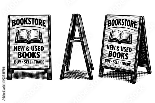 Bookstore sidewalk signboard. A realistic bookstore sidewalk signboard shown as a single object from three different angles: front view, side view, and