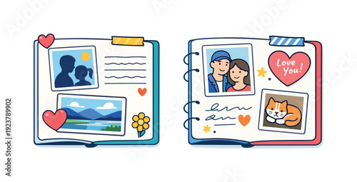 Cute cartoon scrapbook pages with photos of couples, landscapes, and pets