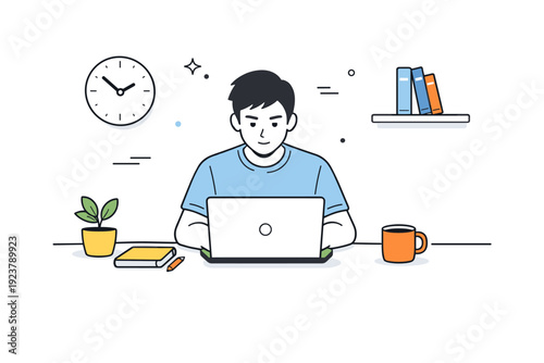Work focus time. A person sitting at a clean desk, fully concentrated on a laptop with minimal distractions around. Calm productivity mood, deep focus, quiet