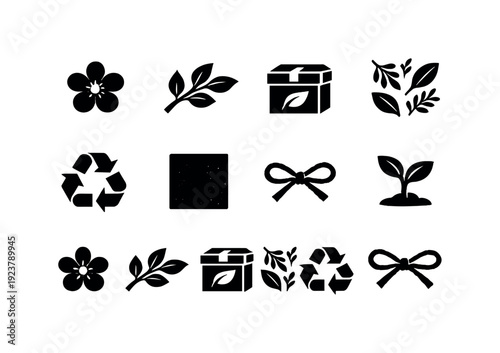 Nature Vibe Package Design. Filled icon set of Nature Vibe Package Design: flower blossom,