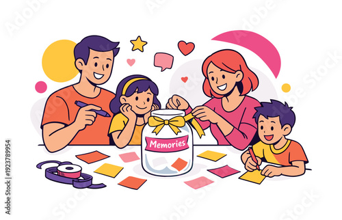 Creating joyful memories. A family gathers around a table decorating a memory jar with