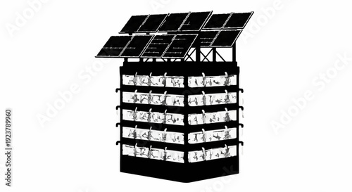 Modern vertical farm with solar panels, showcasing sustainable urban agriculture and technology.