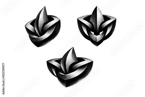 Abstract symbol. An isolated abstract glyph-like form with clear volume, displayed as the same object repeated in three distinct visual