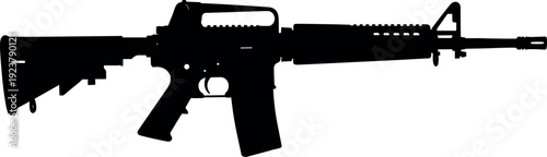 Assault rifle silhouette illustration showing modern military firearm profile, tactical weapon design, black vector gun icon isolated on white background