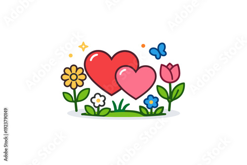 Valentine?s Day spring concept a romantic scene where blooming flowers and soft heart symbols come together, expressing love that feels fresh, light, and