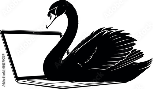WeBlack swan silhouette emerging from laptop screen, digital transformation concept illustration, technology creativity metaphor, modern innovation symbol, elegant bird vector art isolated on white 