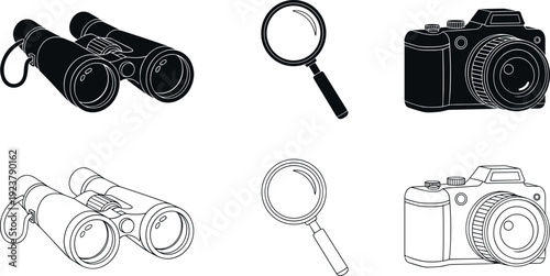 Binoculars, magnifying glass and camera silhouette illustration set, investigation and photography tools vector icons, black and white search concept isolated on white background