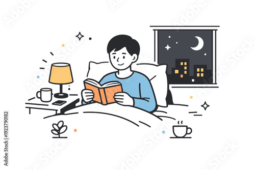 Evening wind-down scenes. Someone reading a book in bed with a bedside lamp, city lights visible through a window. The mood is slow, cozy, and introspective.